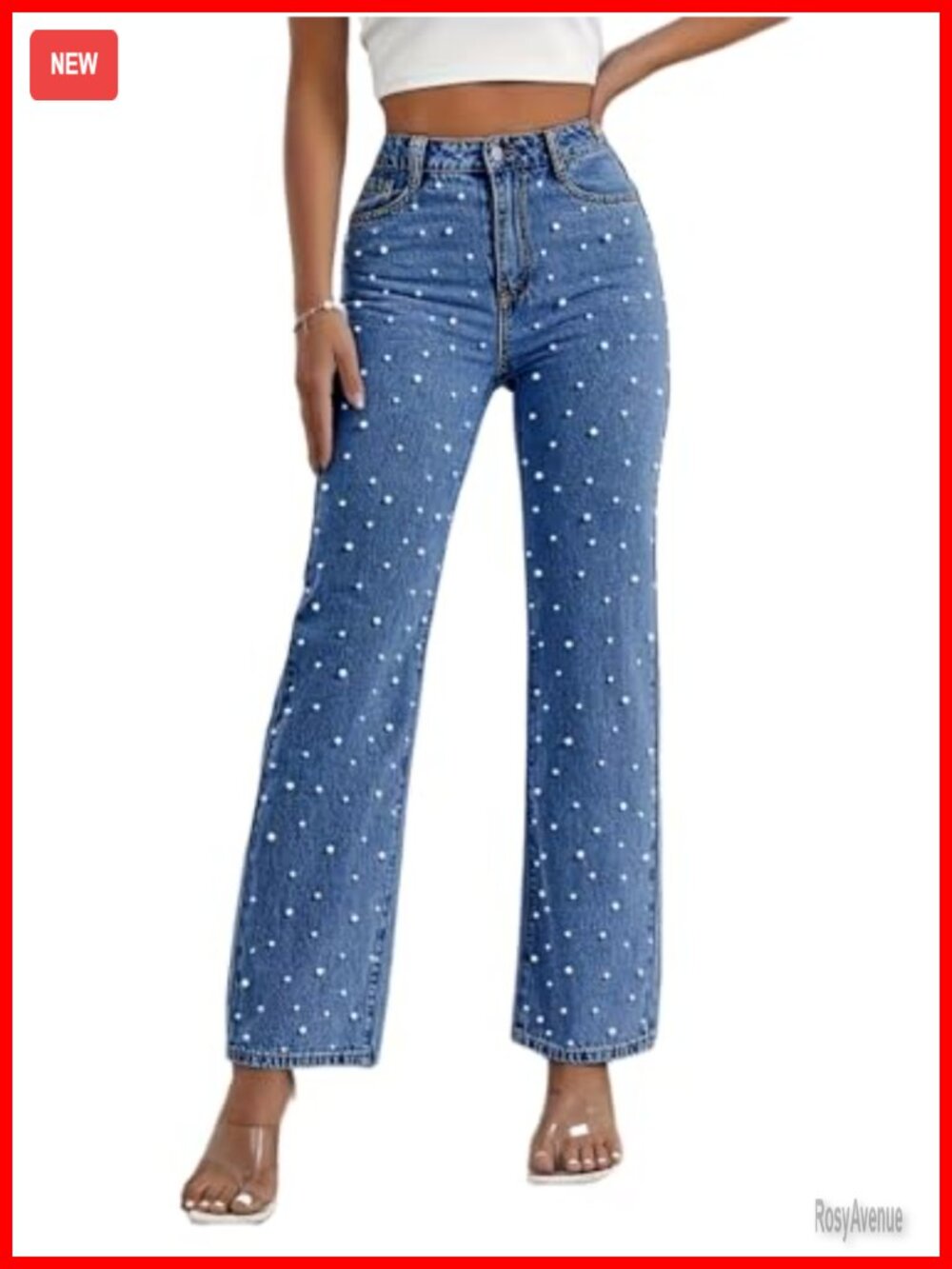 Women's High Waisted Straight Leg Jeans Faux Pearl Beaded Denim Casual Y2K